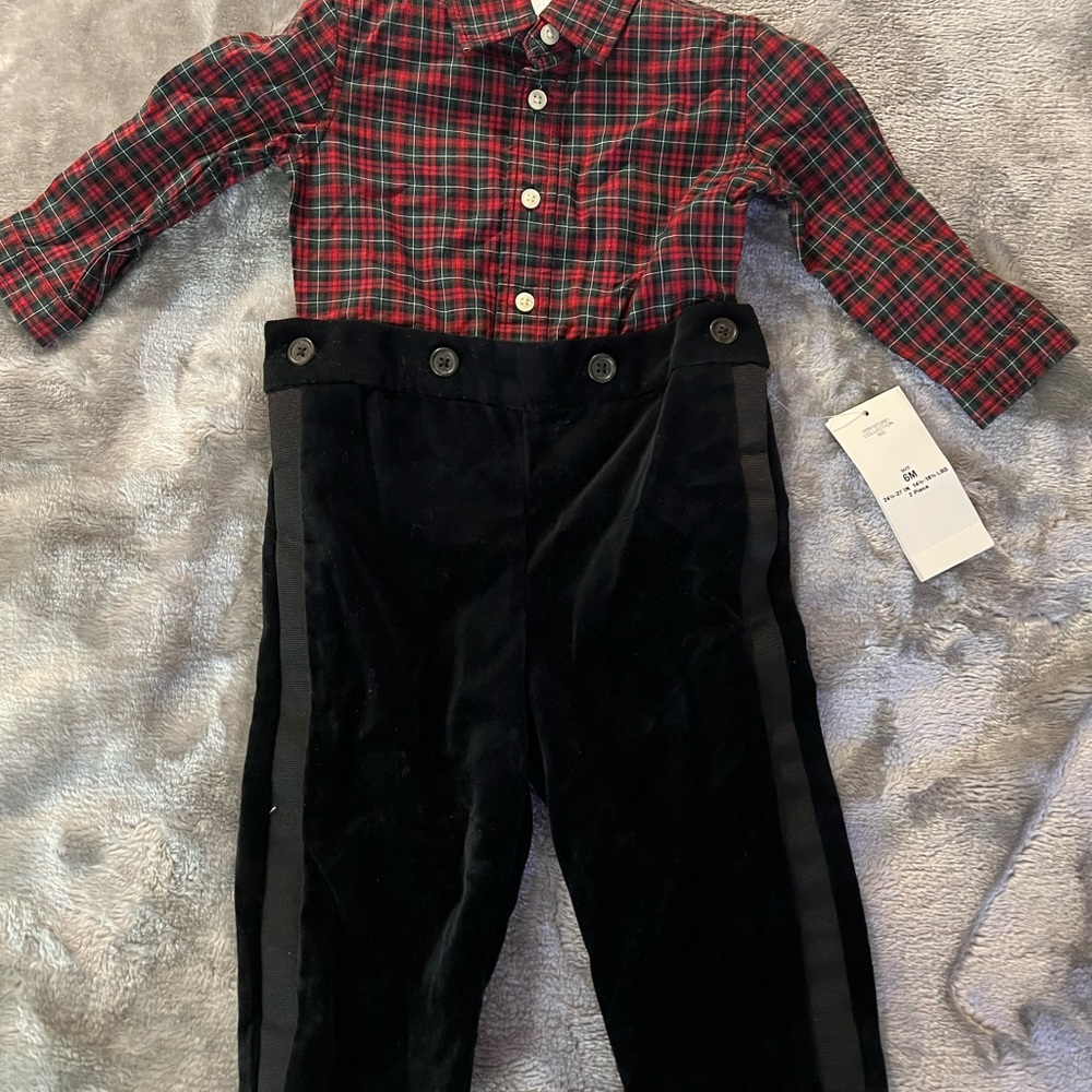 Polo by Ralph Lauren Red Plaid Shirt with Black Velvet Tuxedo Pants.